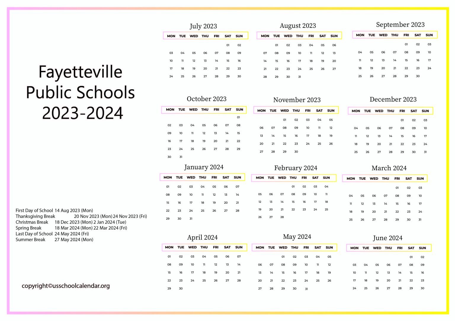 Fayetteville Public Schools Calendar with Holidays 2023 2024
