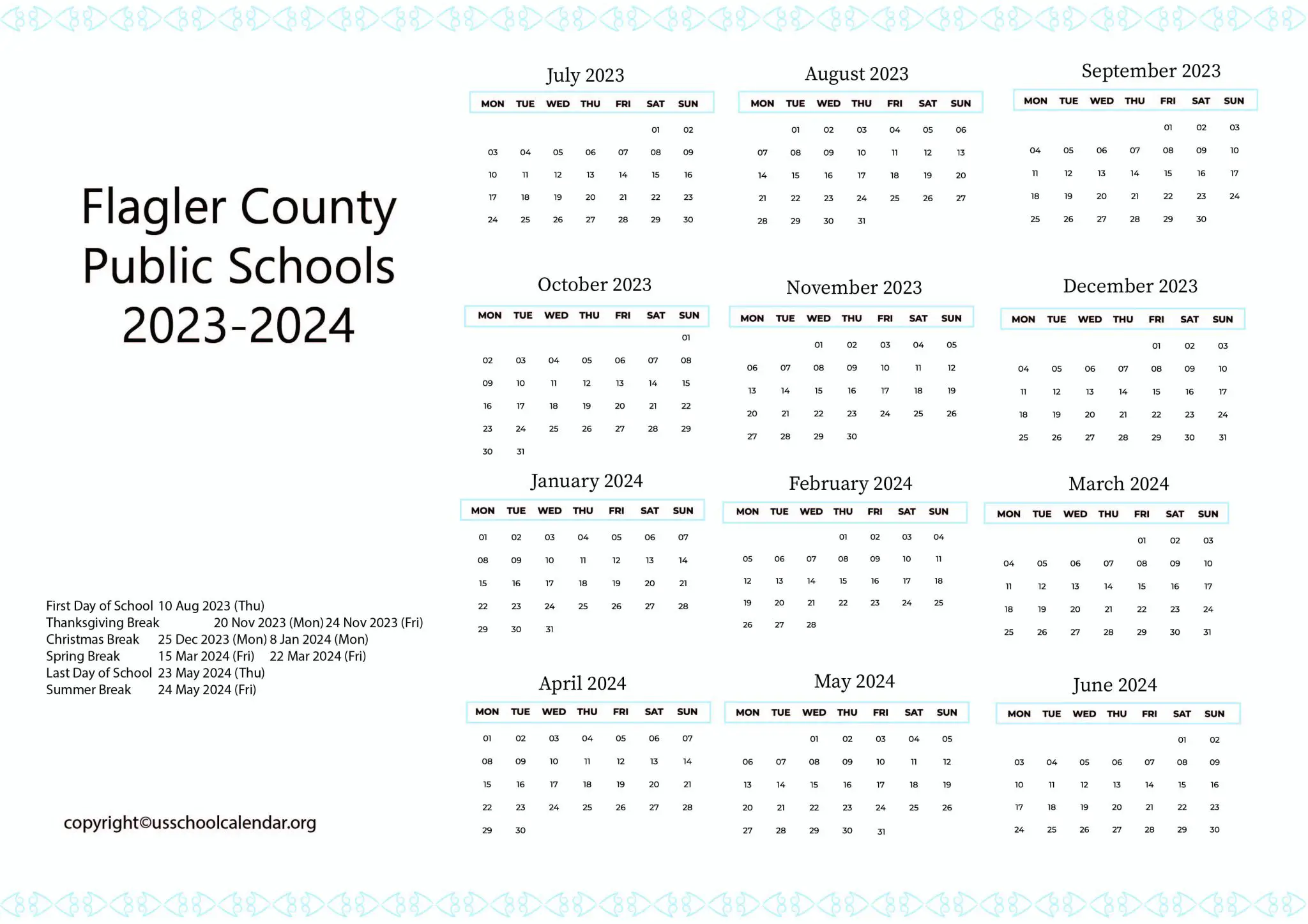 Flagler County Public Schools Calendar with Holidays 20232024