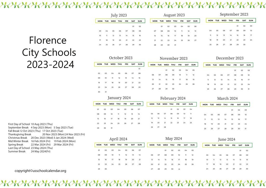 Florence City Schools Calendar with Holidays 2023 2024