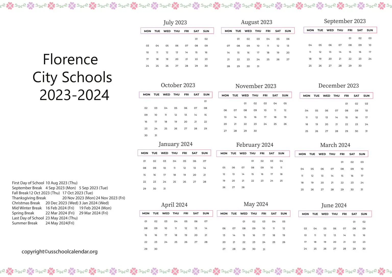 Florence City Schools Calendar with Holidays 20232024