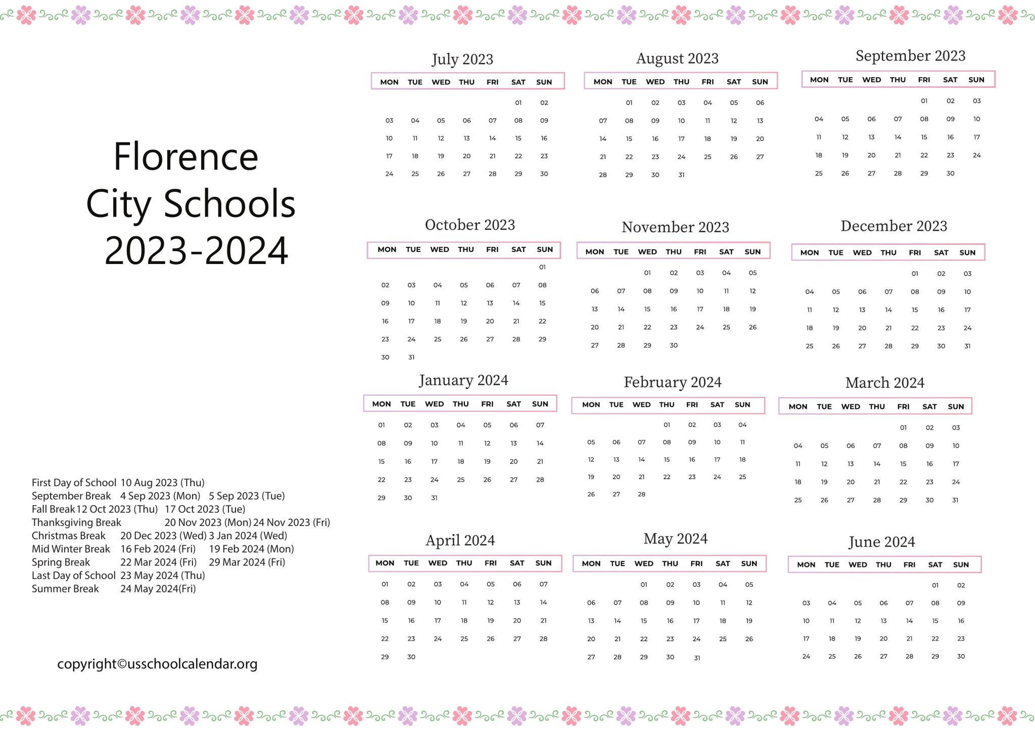 Florence City Schools Calendar with Holidays 20252025