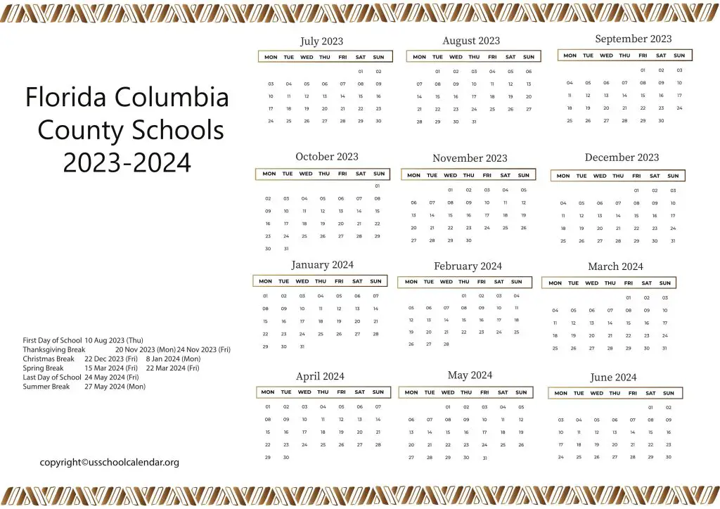 Florida Columbia County Schools Calendar