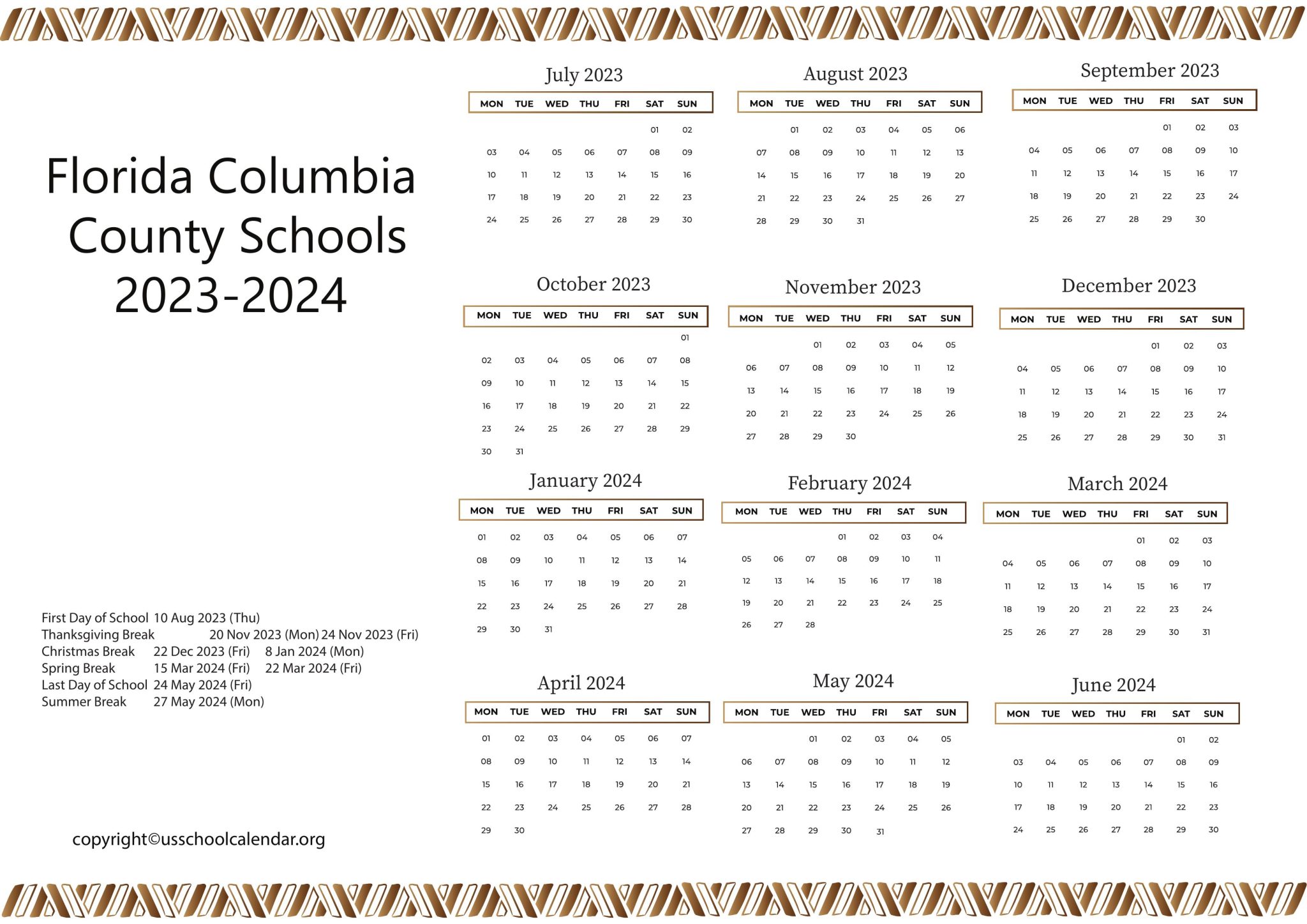 Florida Columbia County Schools Calendar 20232024
