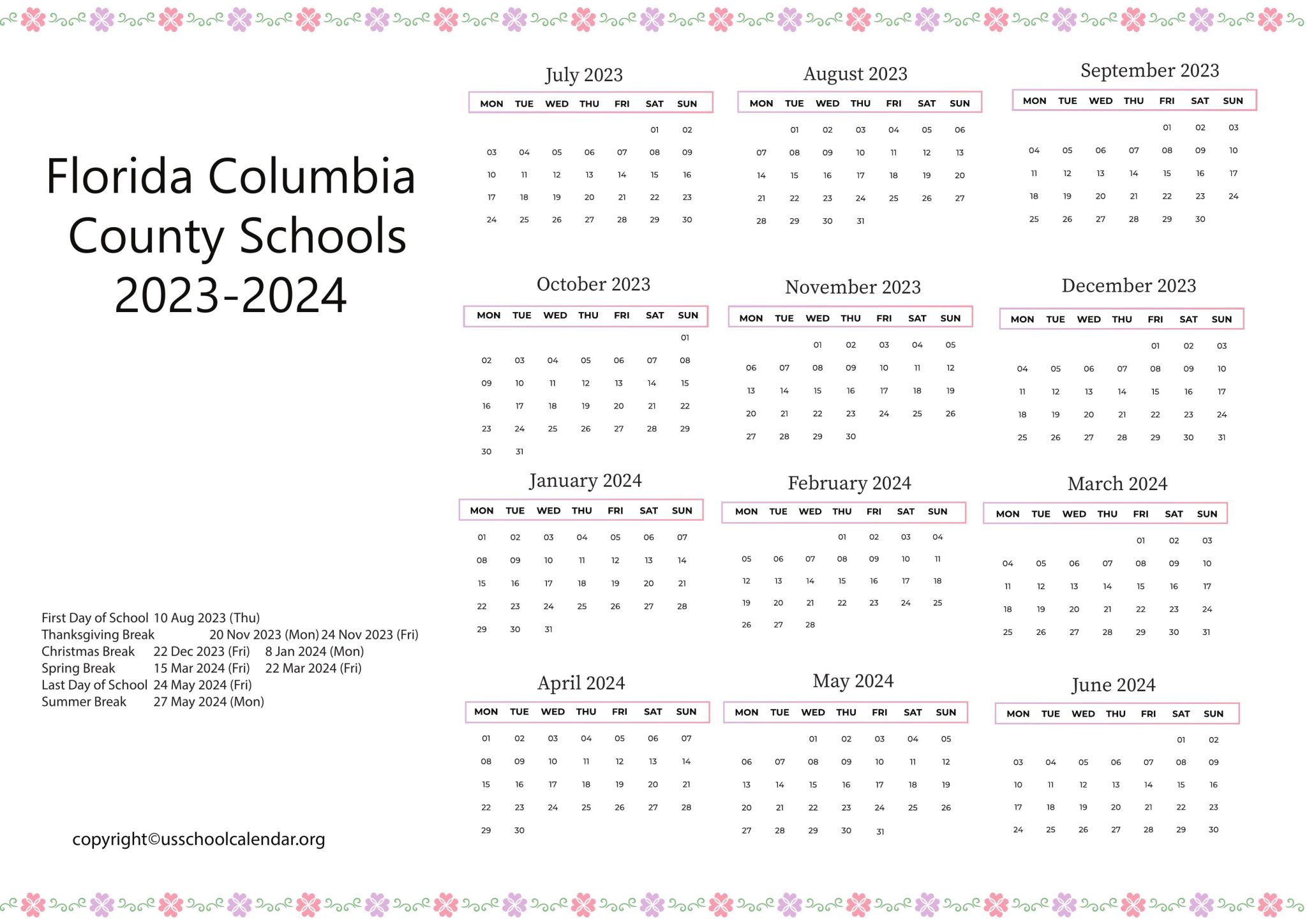 Florida Columbia County Schools Calendar 20232024