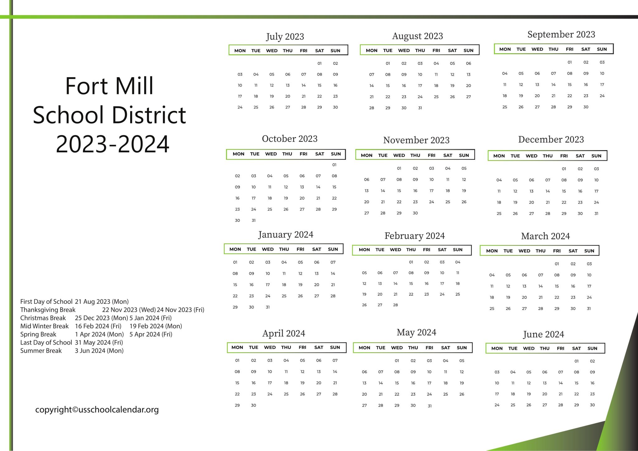 Fort Mill School District Calendar with Holidays 20232024
