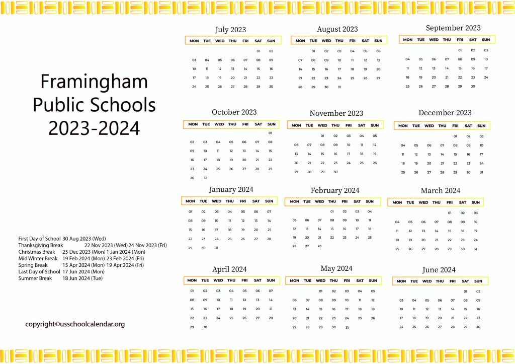 Framingham Public Schools District Calendar