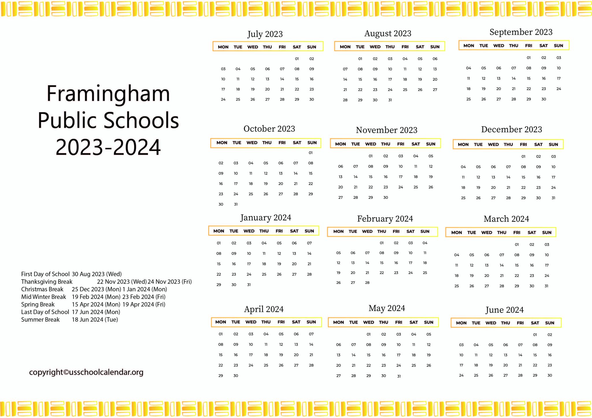 Framingham Public Schools Calendar with Holidays 20232024