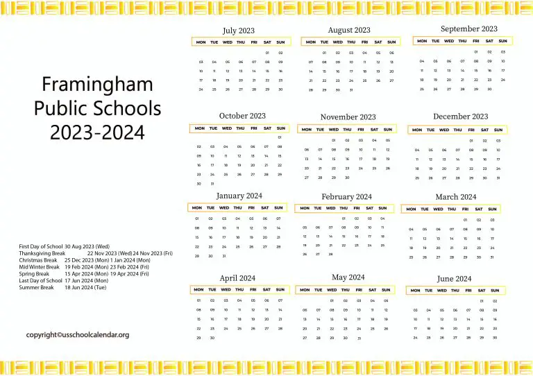 Framingham Public Schools Calendar with Holidays 2023-2024