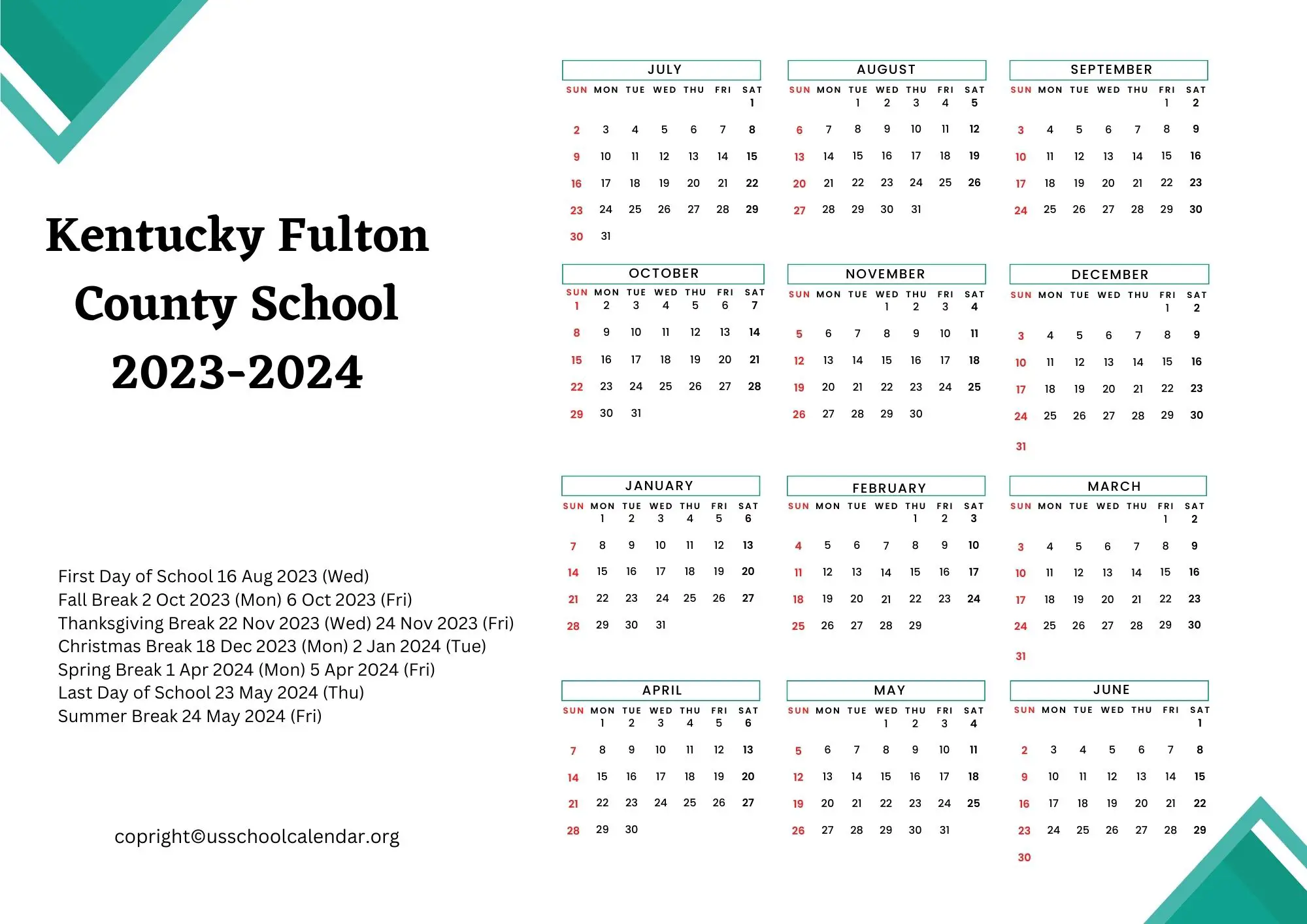 Kentucky Fulton County School Calendar with Holidays 20232024