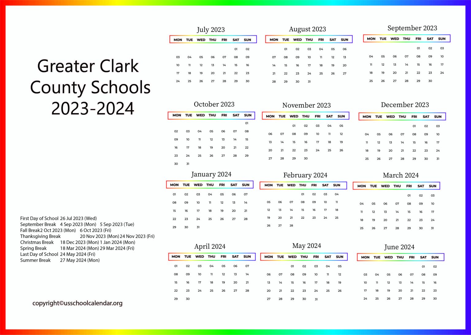 Greater Clark County Schools Calendar with Holidays 20232024