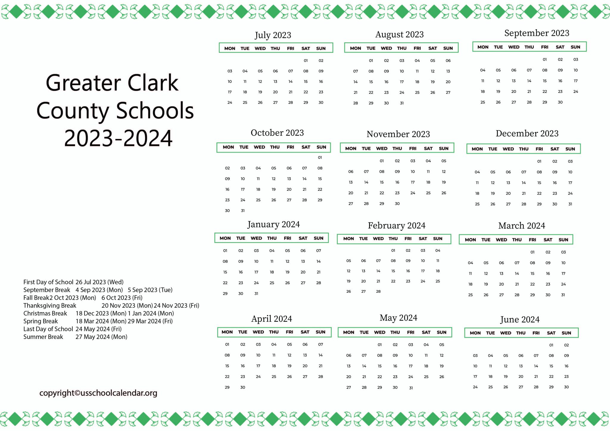 Greater Clark County Schools Calendar with Holidays 20232024