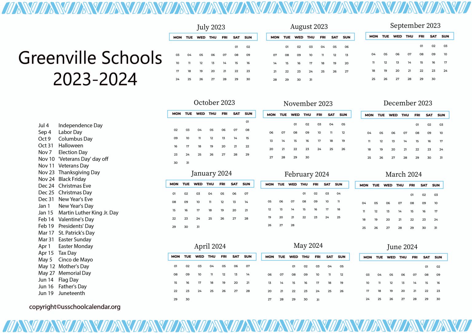 Greenville Schools Calendar with Holidays 20232024