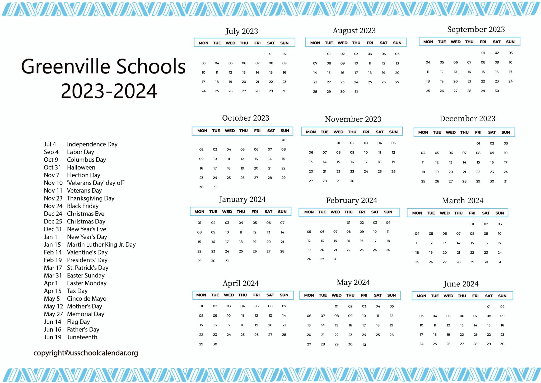 Greenville Schools Calendar with Holidays 2023 2024