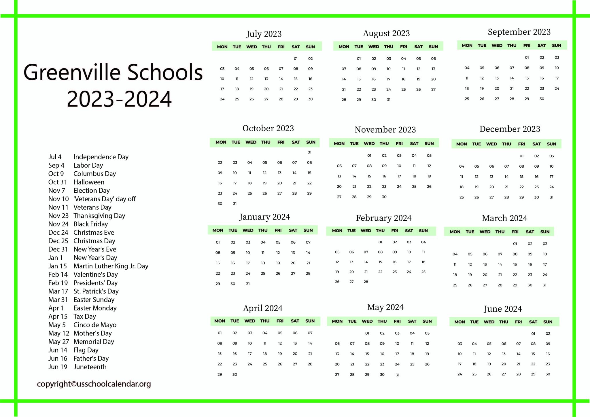 Greenville Schools Calendar with Holidays 20232024