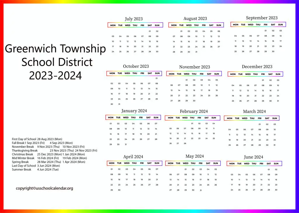 Greenwich Township School District Calendar