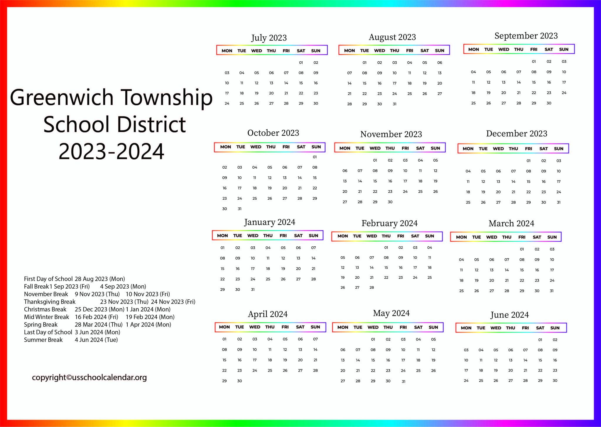 Greenwich Township School District Calendar Holidays 20232024