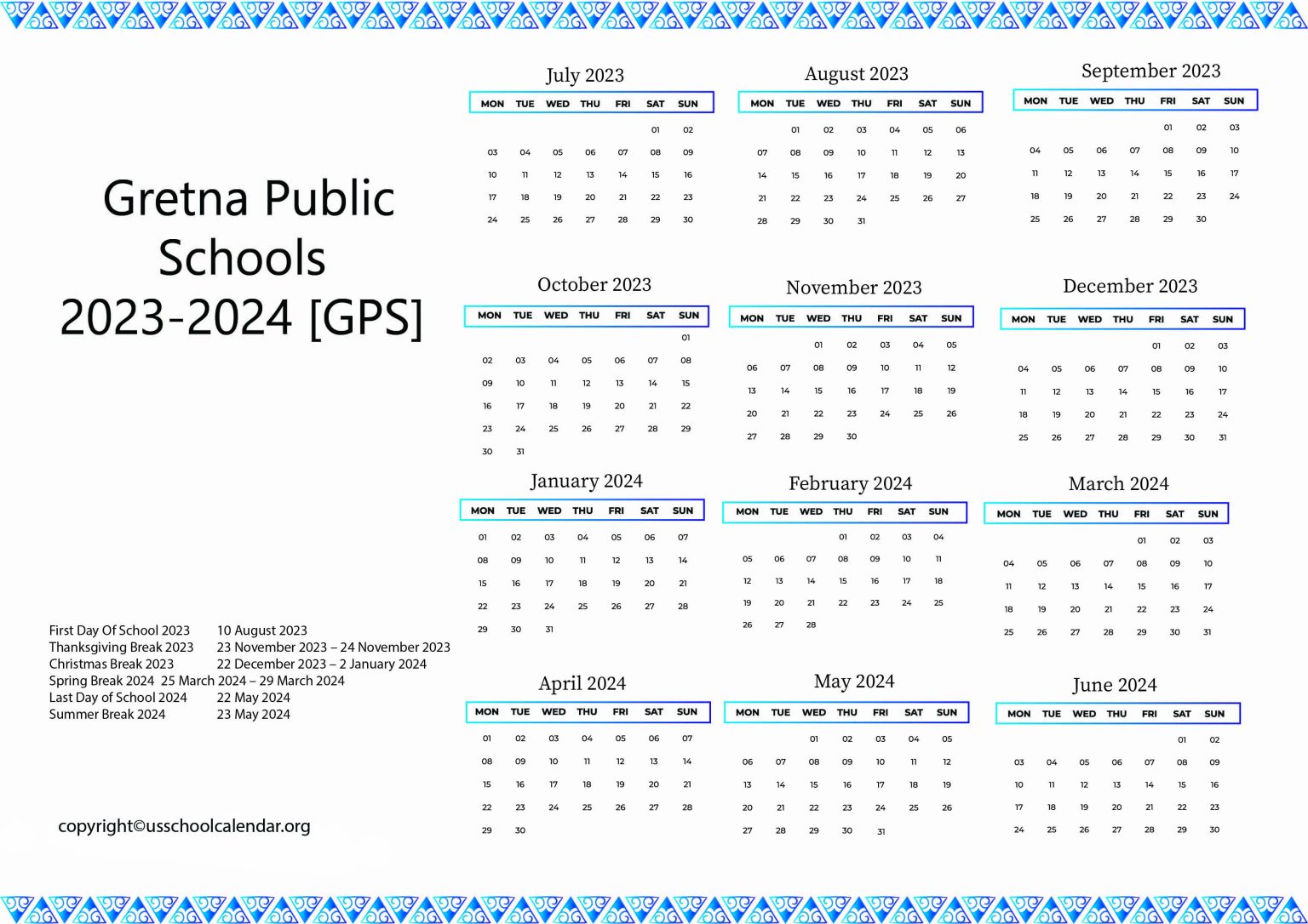 Gretna Public Schools Calendar with Holidays 20232024 [GPS]