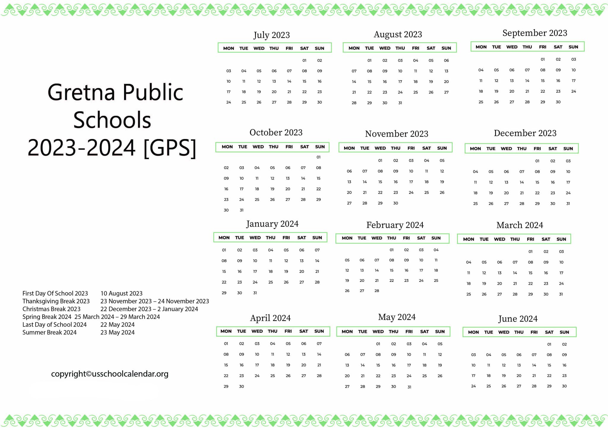 Gretna Public Schools Calendar with Holidays 20232024 [GPS]