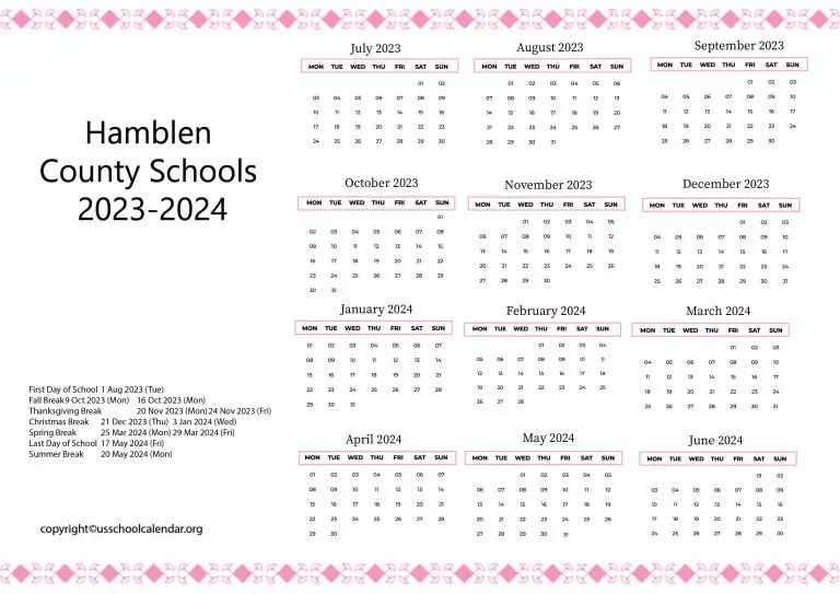 Hamblen County Schools Calendar with Holidays 20232024