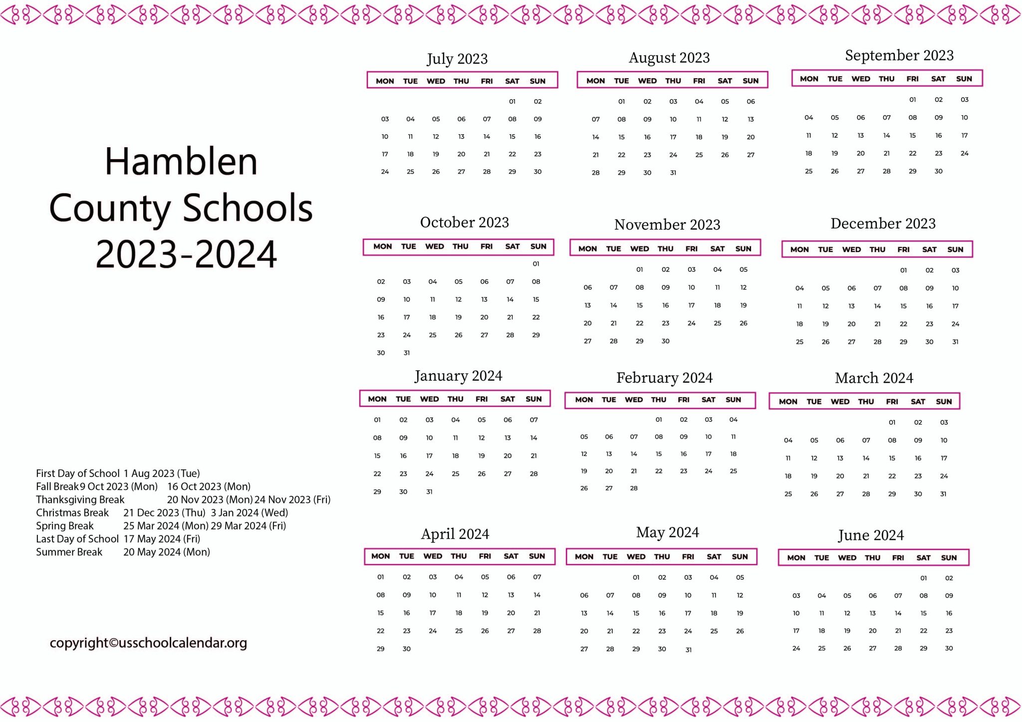 Hamblen County Schools Calendar with Holidays 20232024