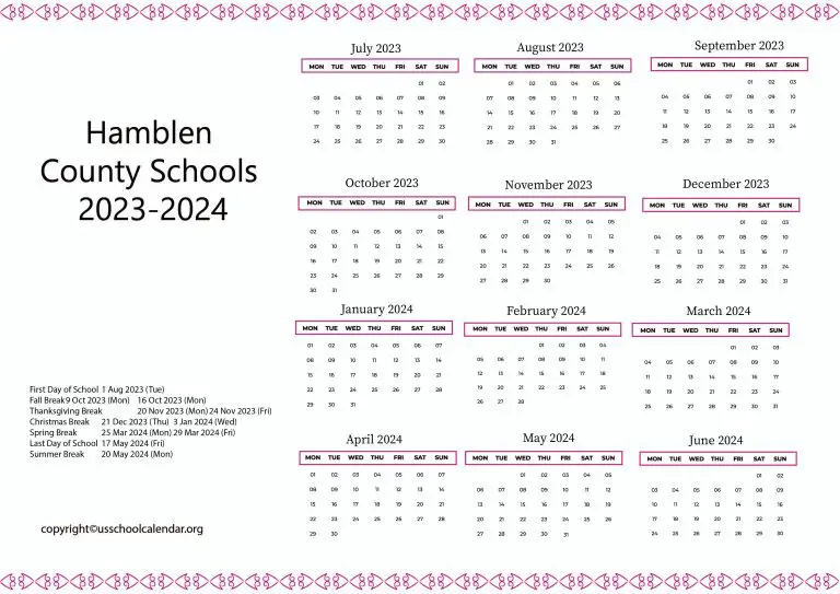 Hamblen County Schools Calendar with Holidays 20232024