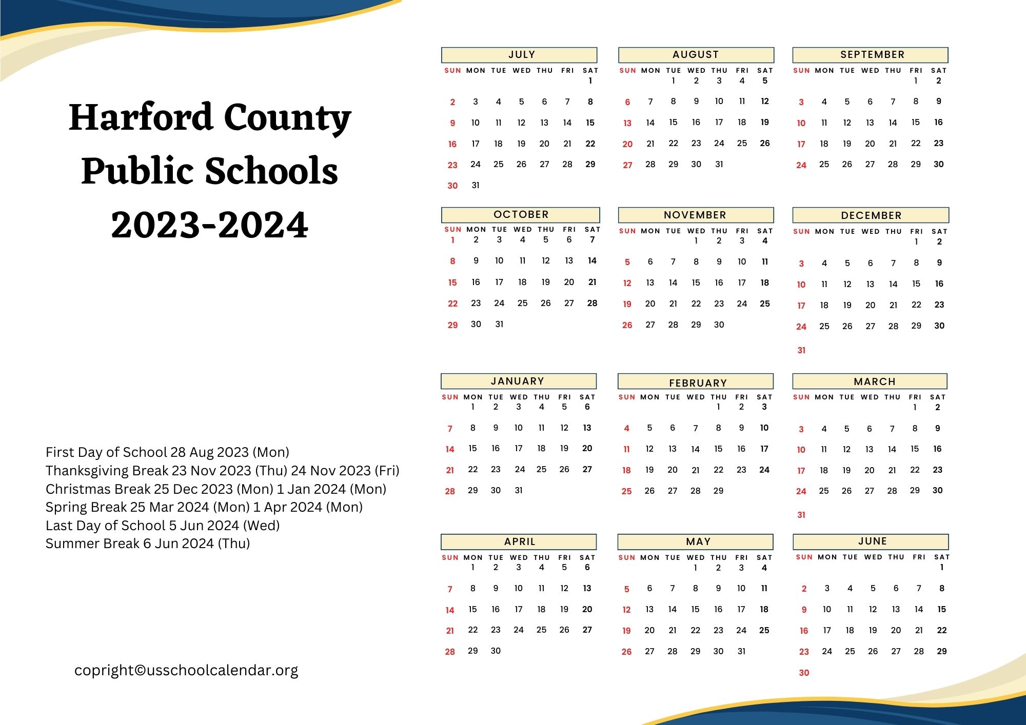 Harford County Public Schools Calendar with Holidays 20232024