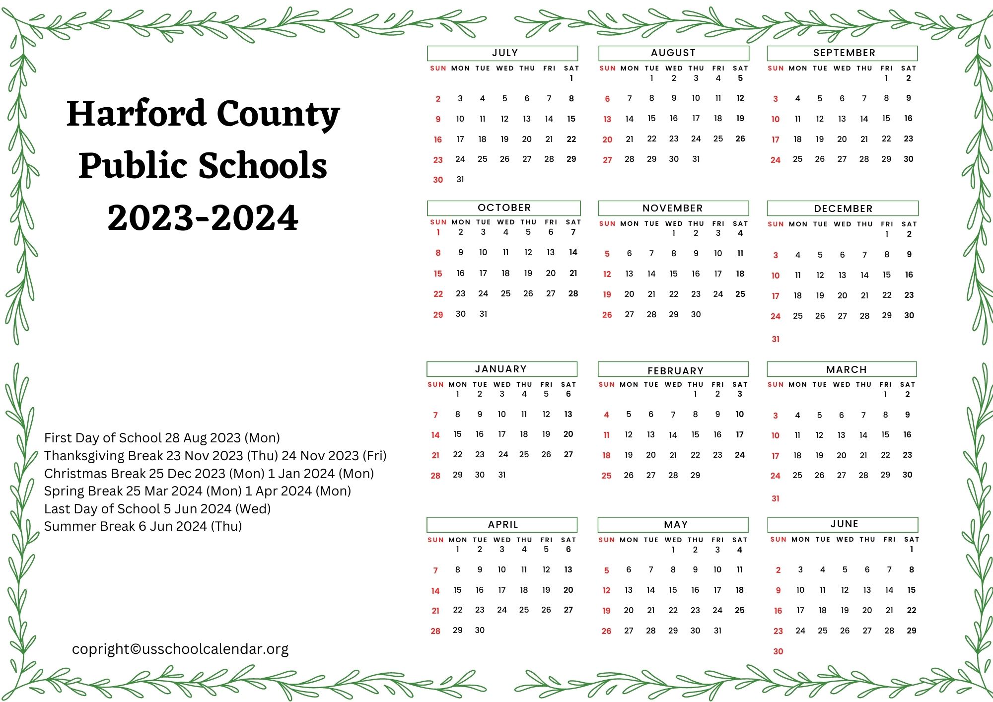 Harford County Public Schools Calendar with Holidays 2023-2024