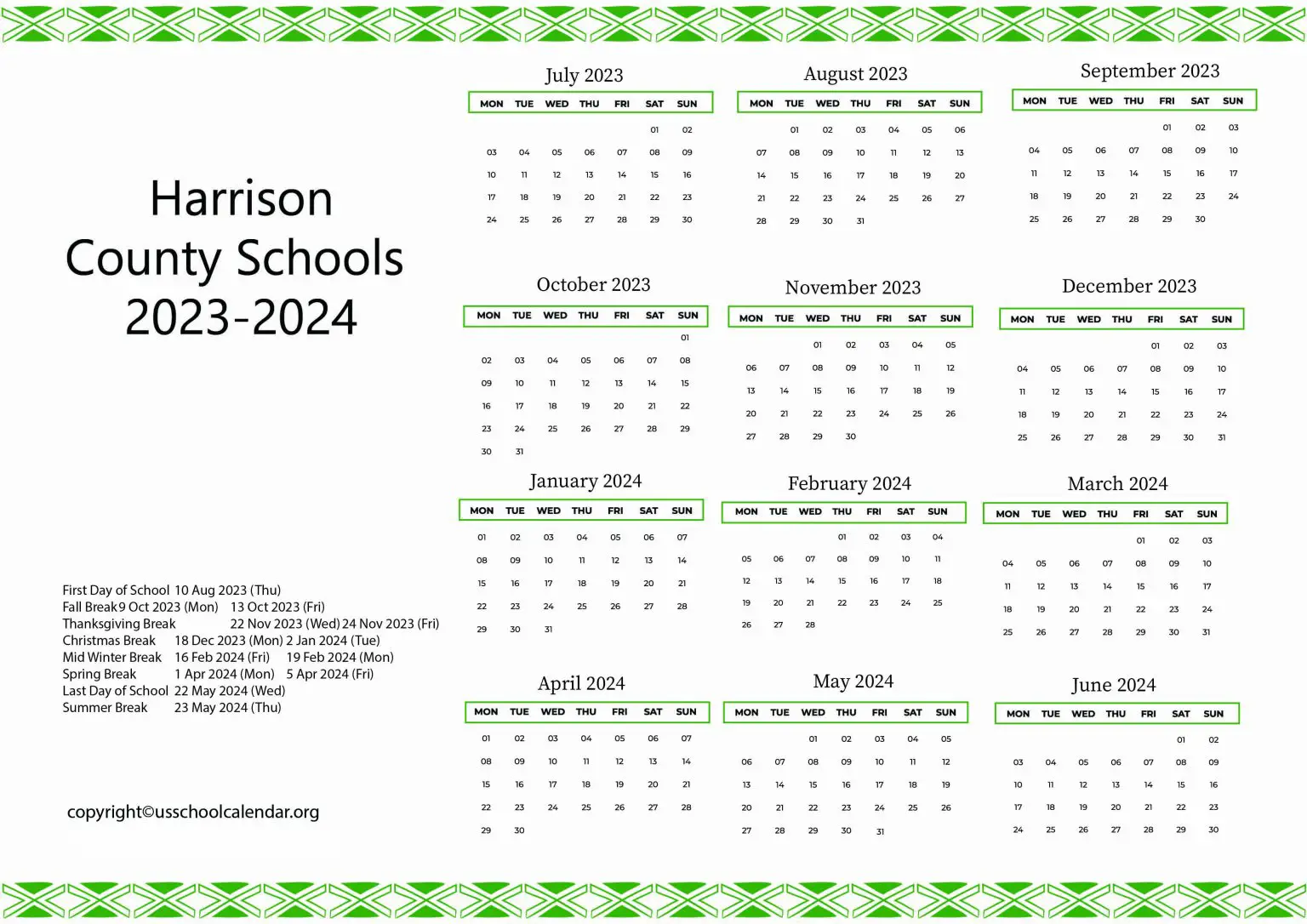 Harrison County Schools Calendar with Holidays 20232024