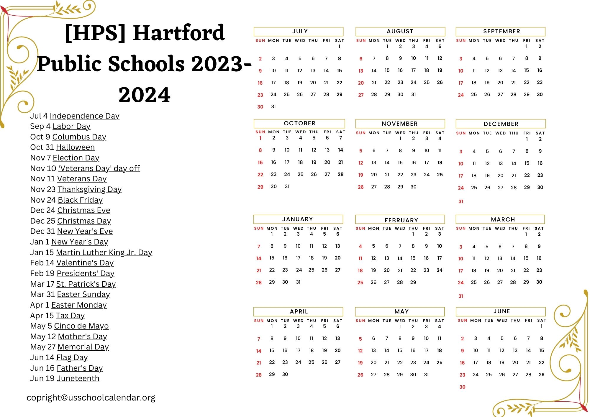 [HPS] Hartford Public Schools Calendar with Holidays 20232024