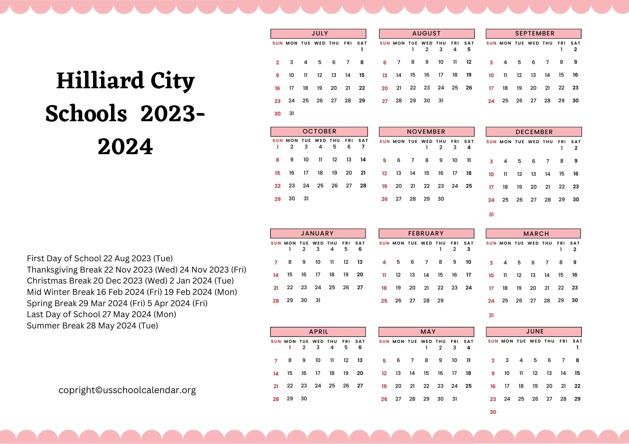 Hilliard City Schools Calendar with Holidays 20232024