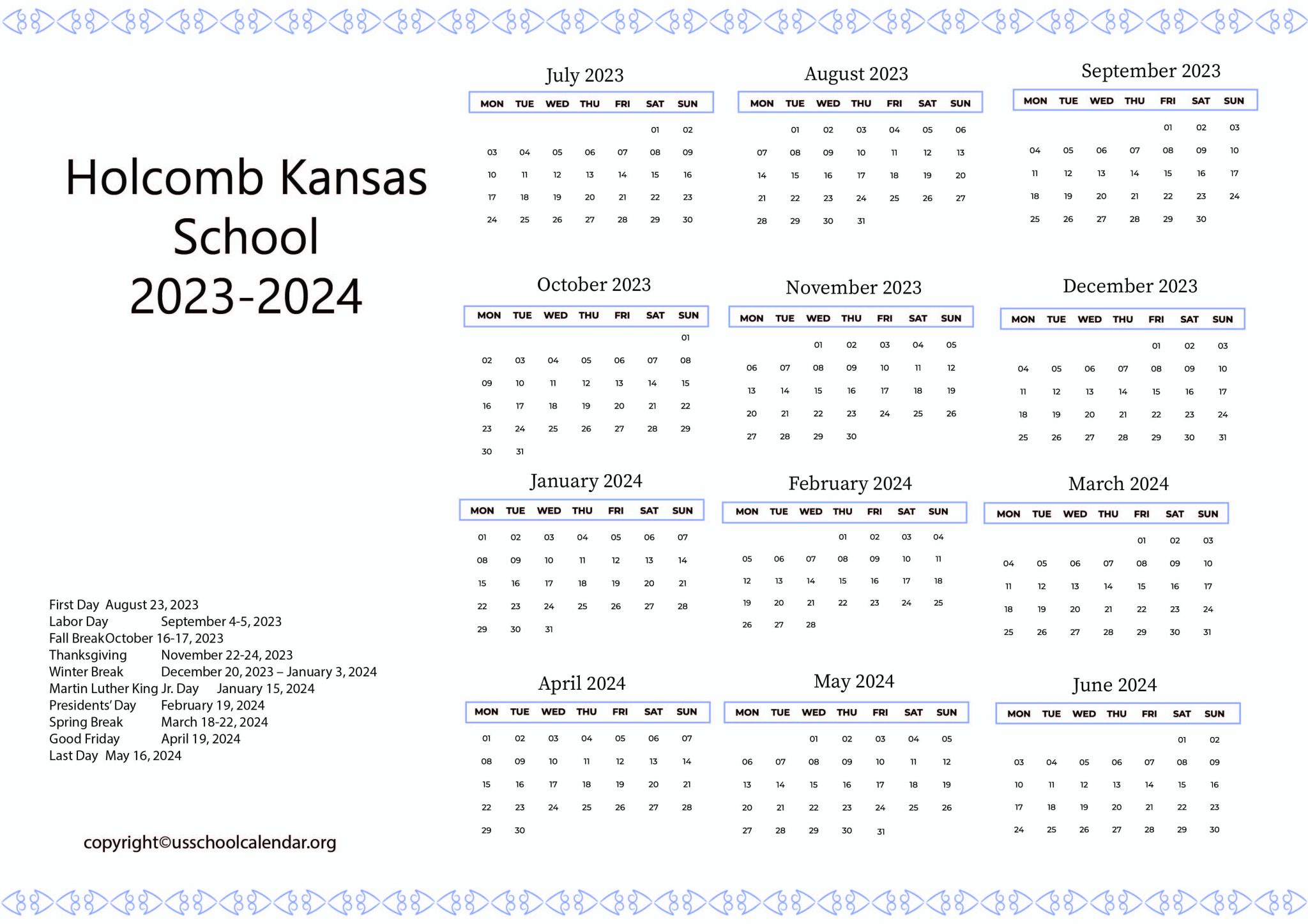 Kansas School Calendar with Holidays 20232024