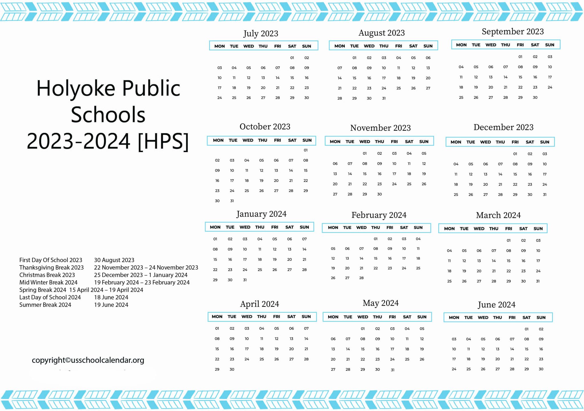 Holyoke Public Schools Calendar with Holidays 20232024 [HPS]