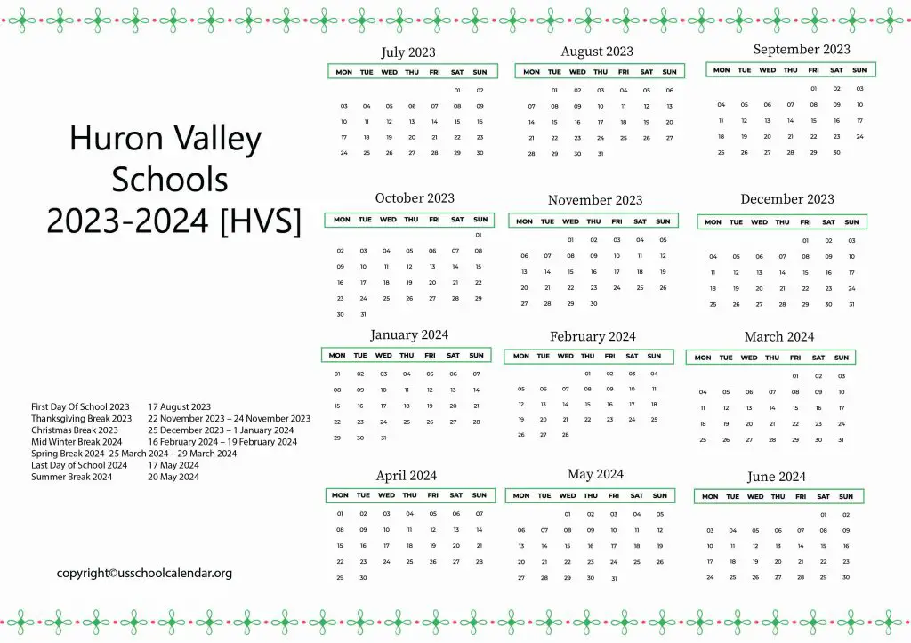Huron Valley Schools District Calendar
