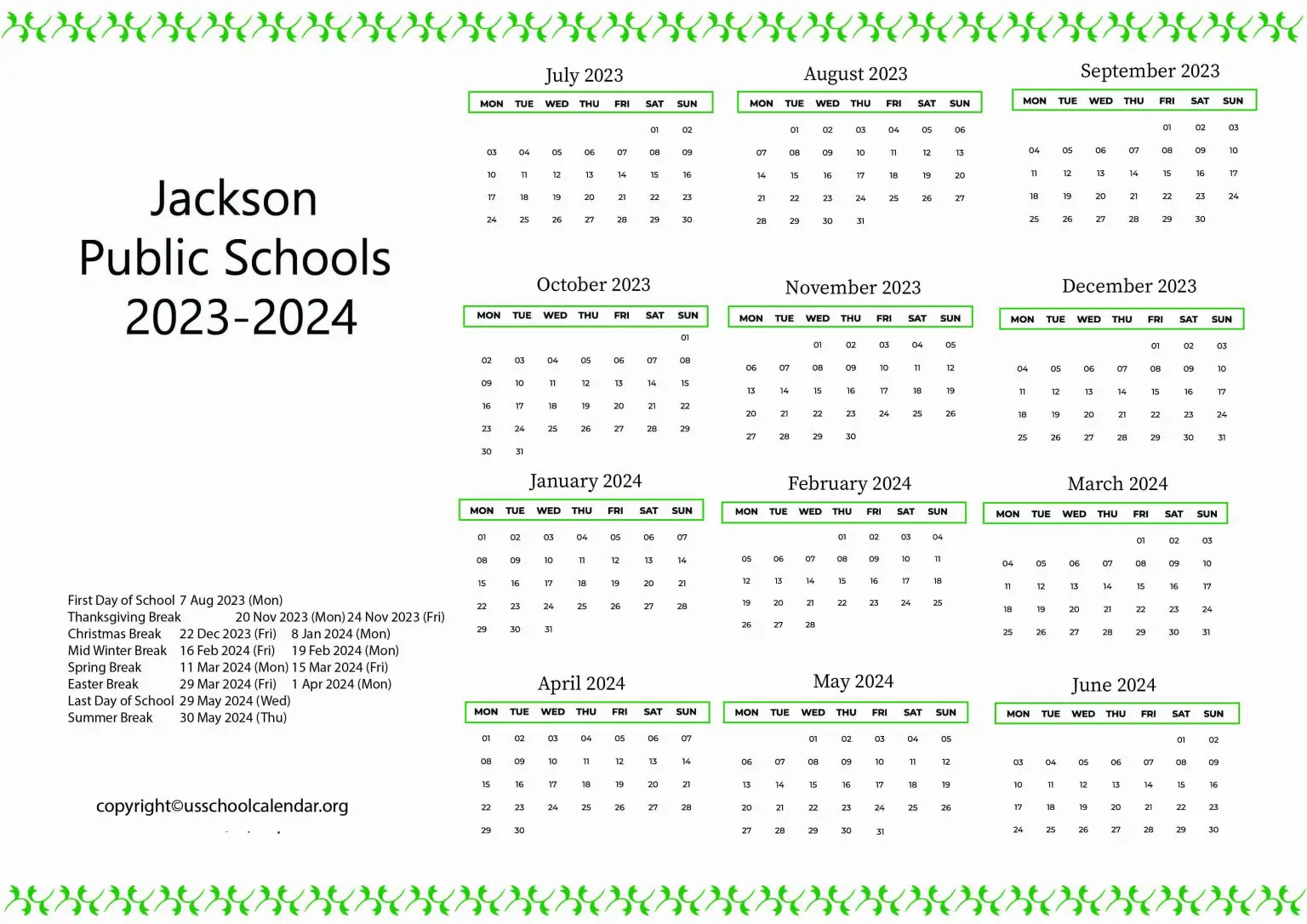 Jackson Public Schools Calendar with Holidays 20232024