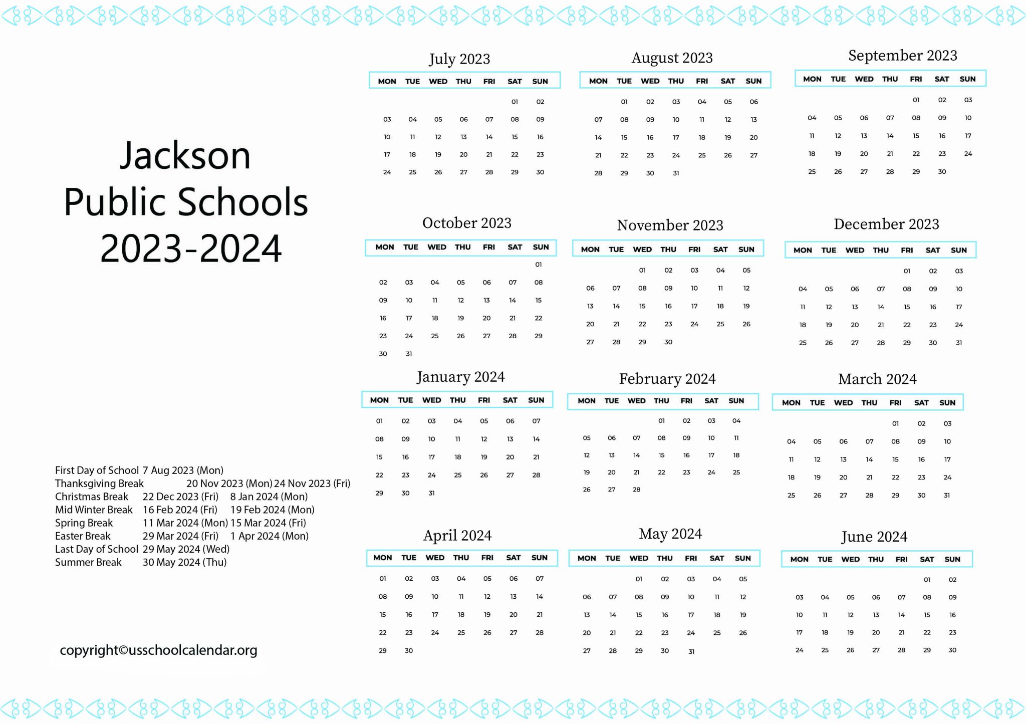 Jackson Public Schools Calendar with Holidays 20232024