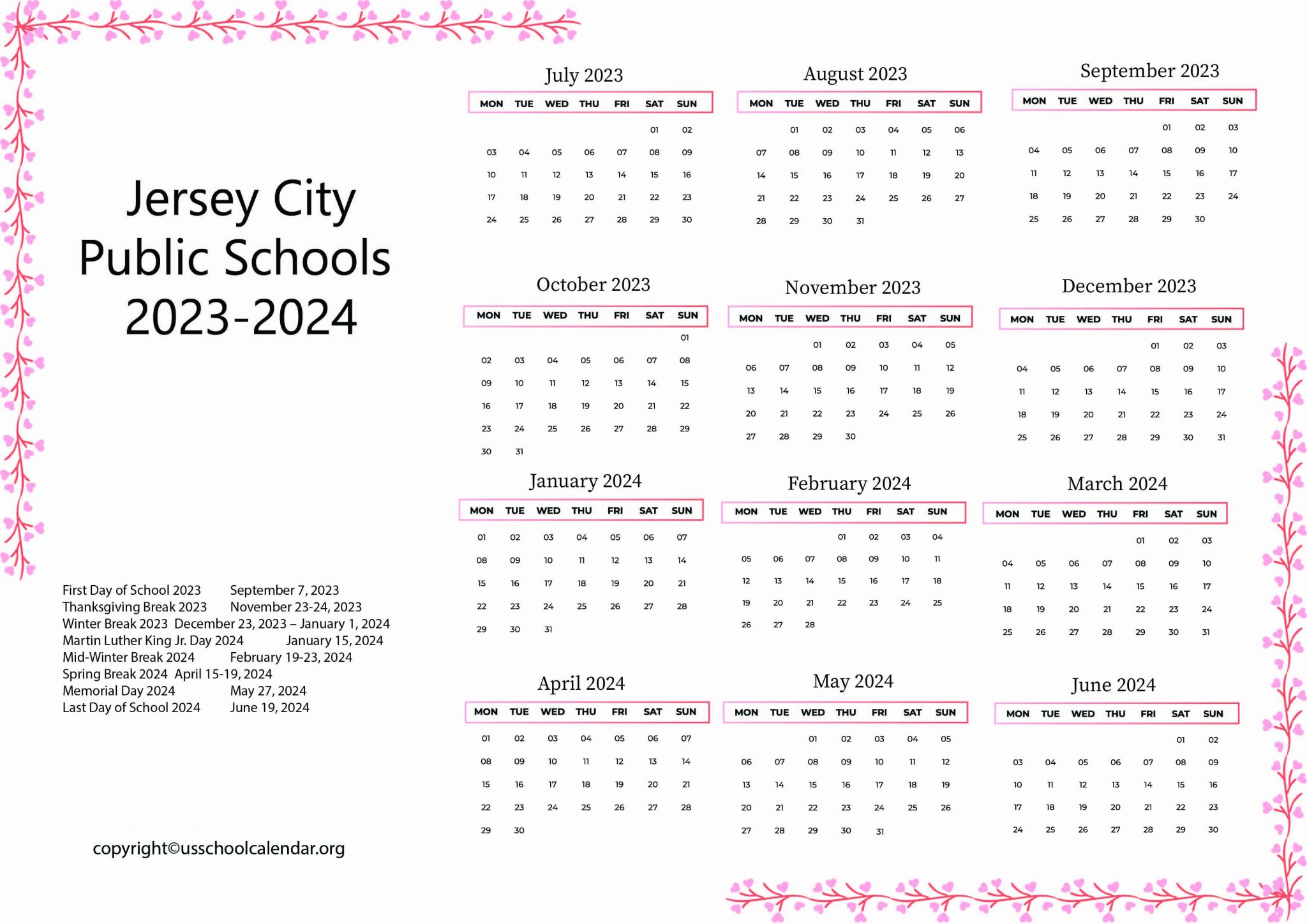 Jersey City Public Schools Calendar With Holidays 2023 2024