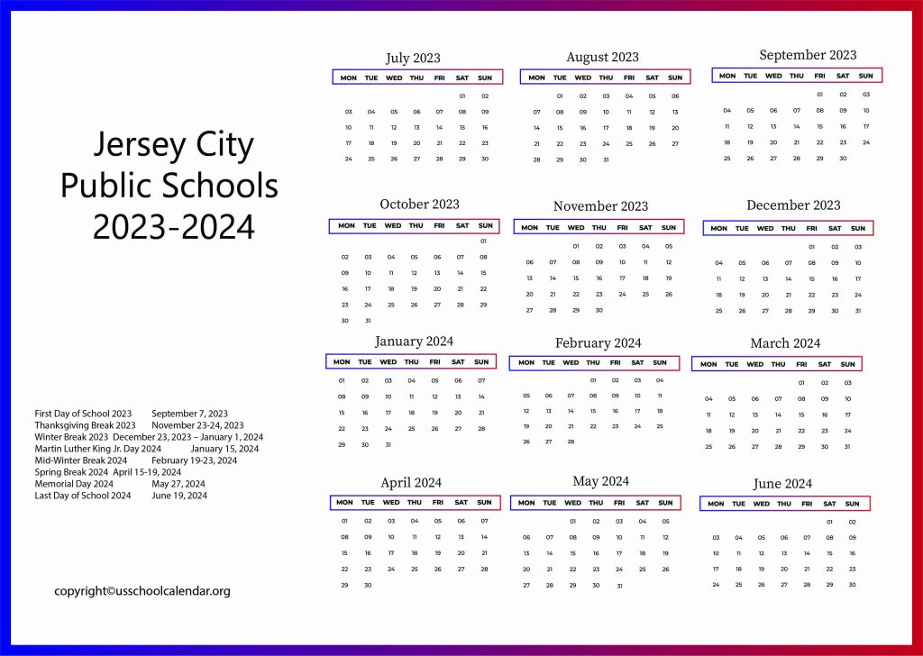 Jersey City Public Schools Calendar with Holidays 20232024