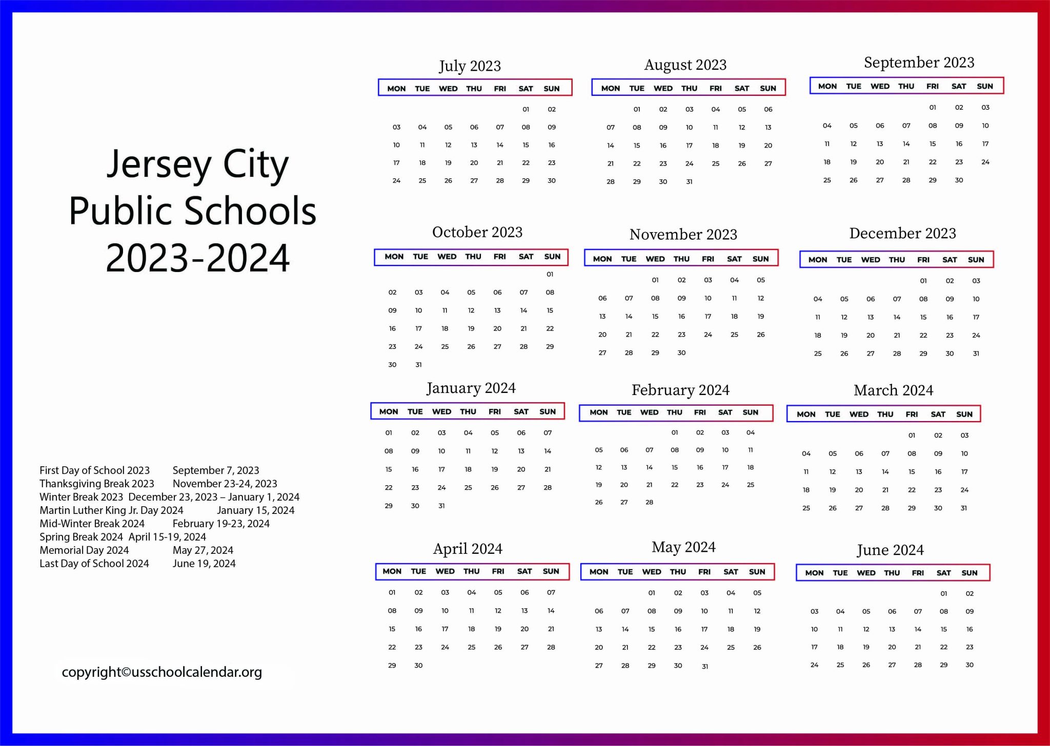 Jersey City Public Schools Calendar with Holidays 2023 2024