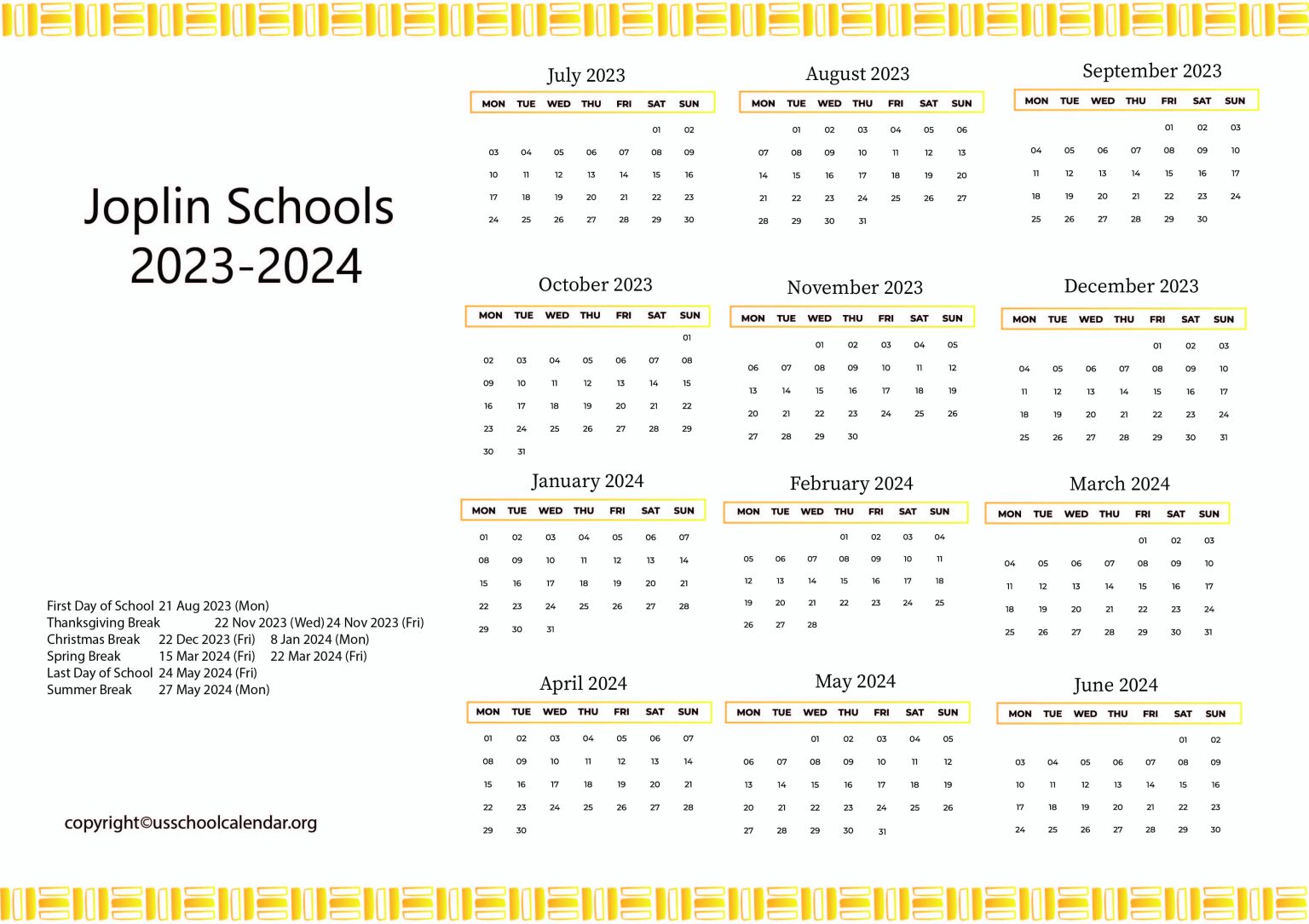 Joplin Schools Calendar with Holidays 20232024