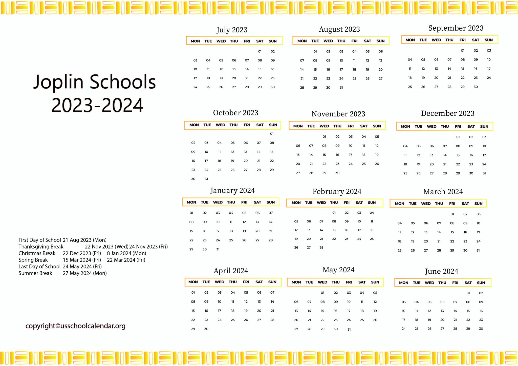 Joplin Schools Calendar with Holidays 20232024