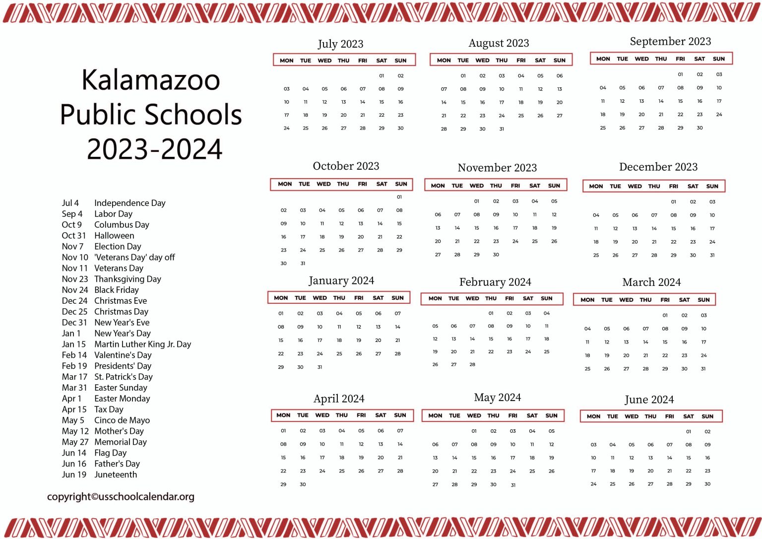 Kalamazoo Public Schools Calendar with Holidays 20232024