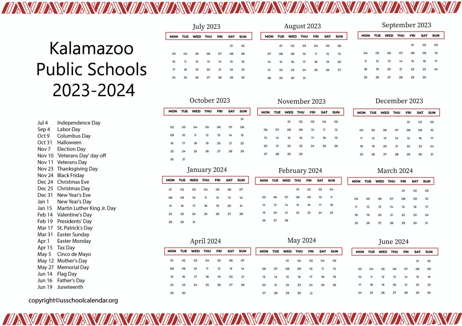 Kalamazoo Public Schools Calendar With Holidays 2023 2024