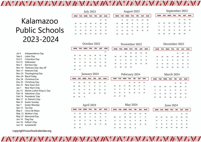 Kalamazoo Public Schools Calendar with Holidays 2023-2024