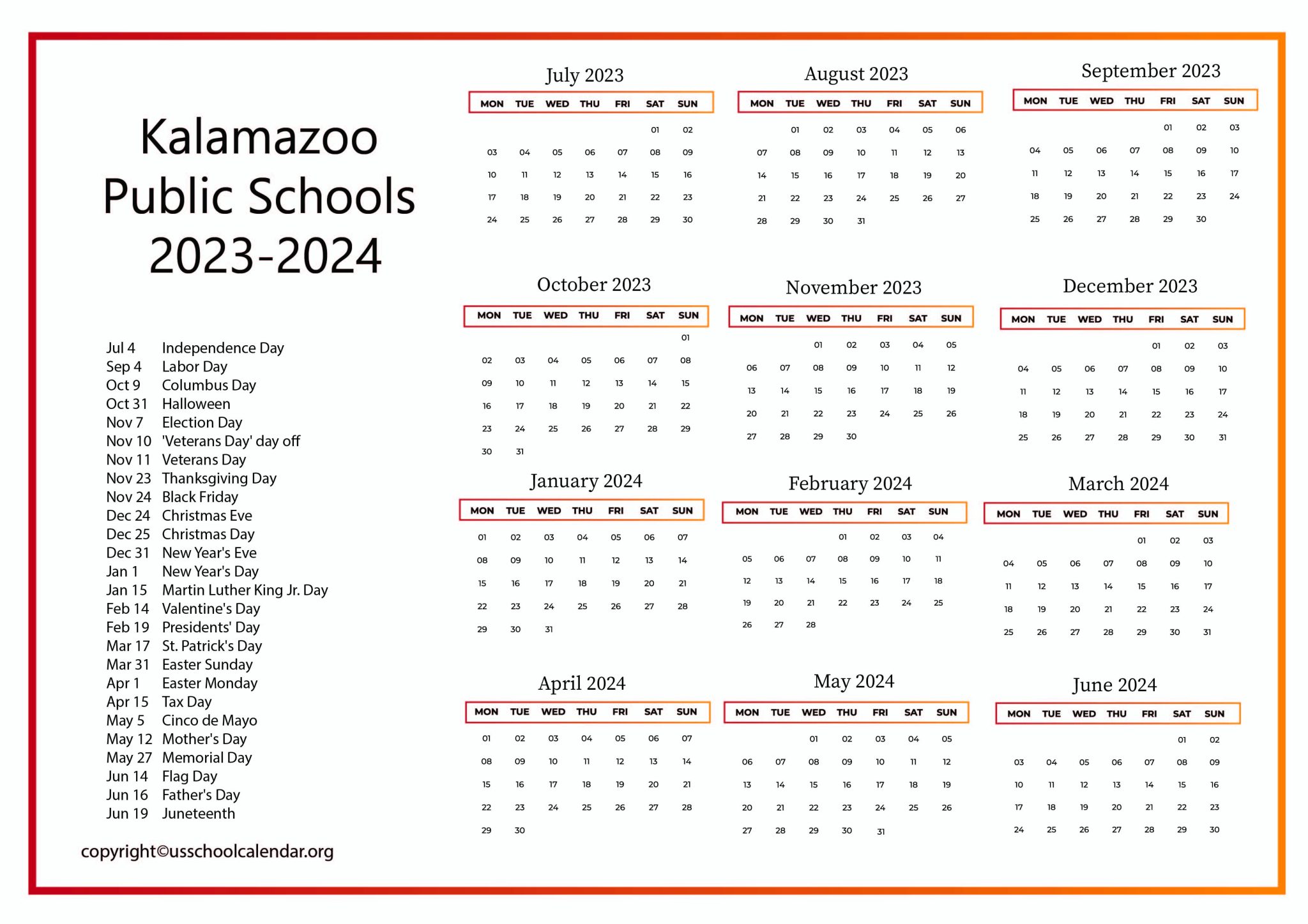 Kalamazoo Public Schools Calendar with Holidays 20232024