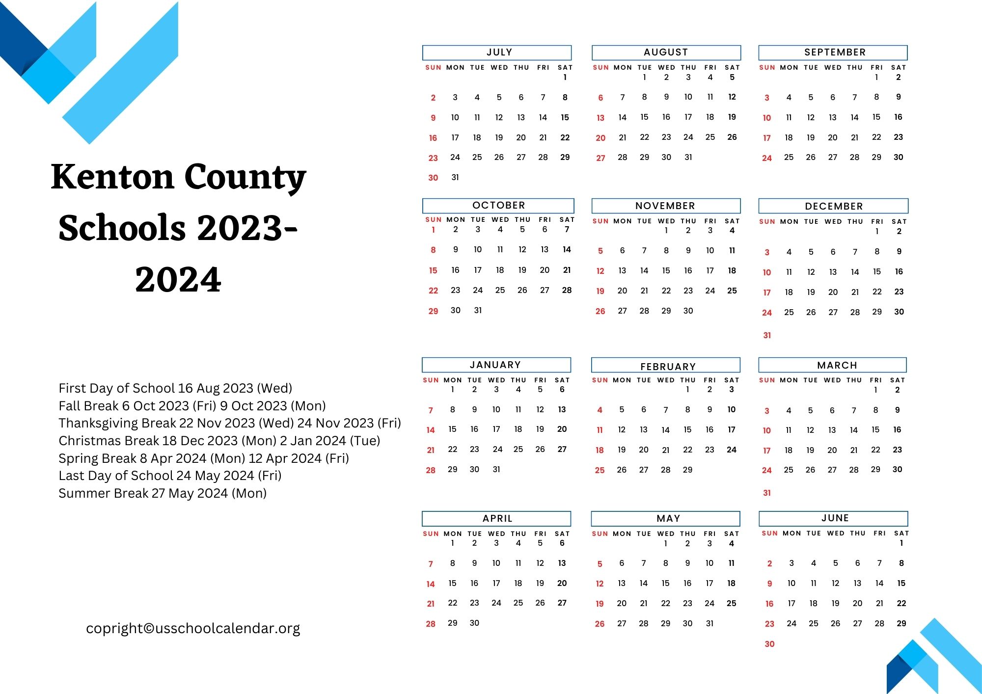 Kenton County Schools Calendar with Holidays 2023-2024