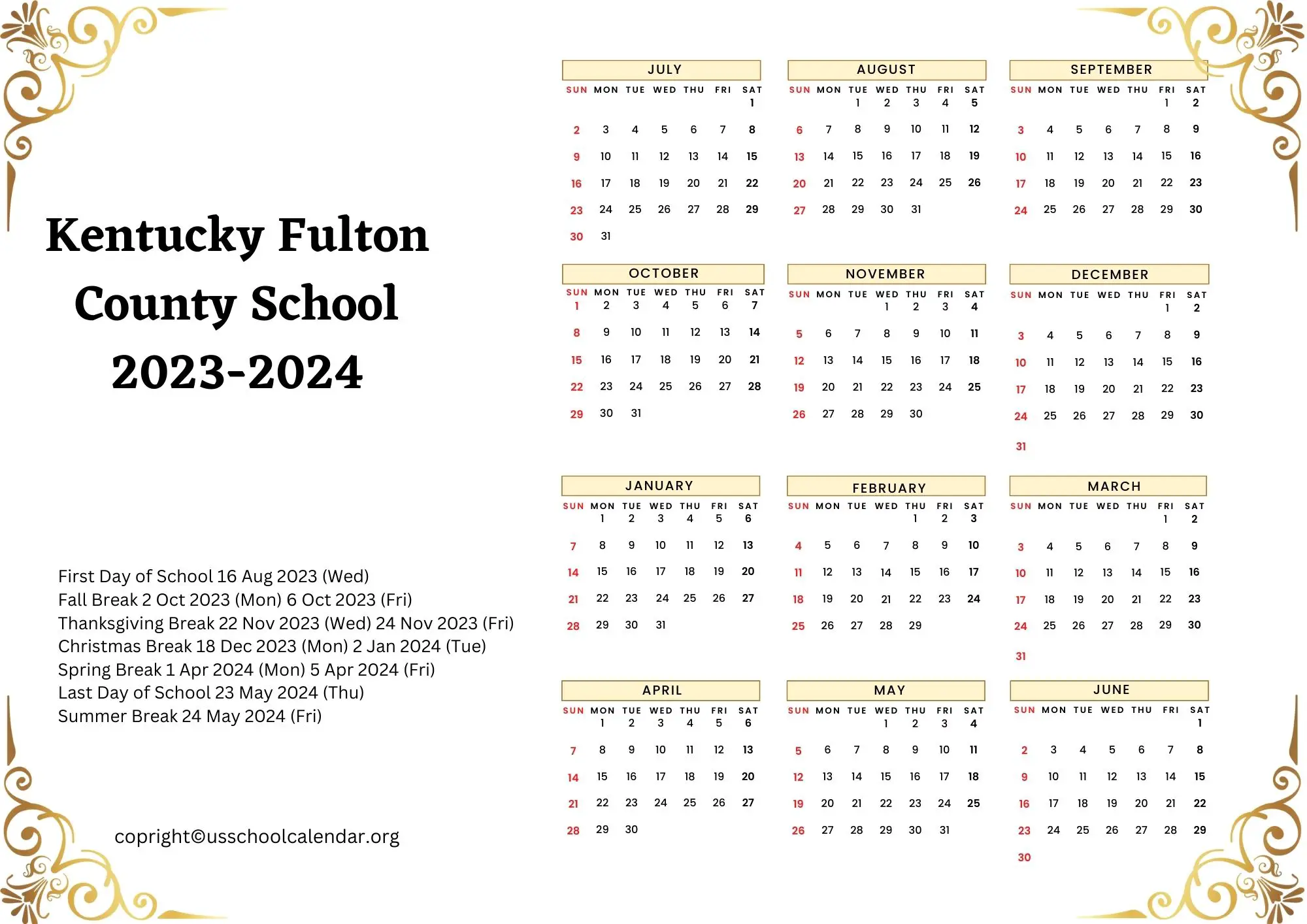 Kentucky Fulton County School Calendar with Holidays 20232024