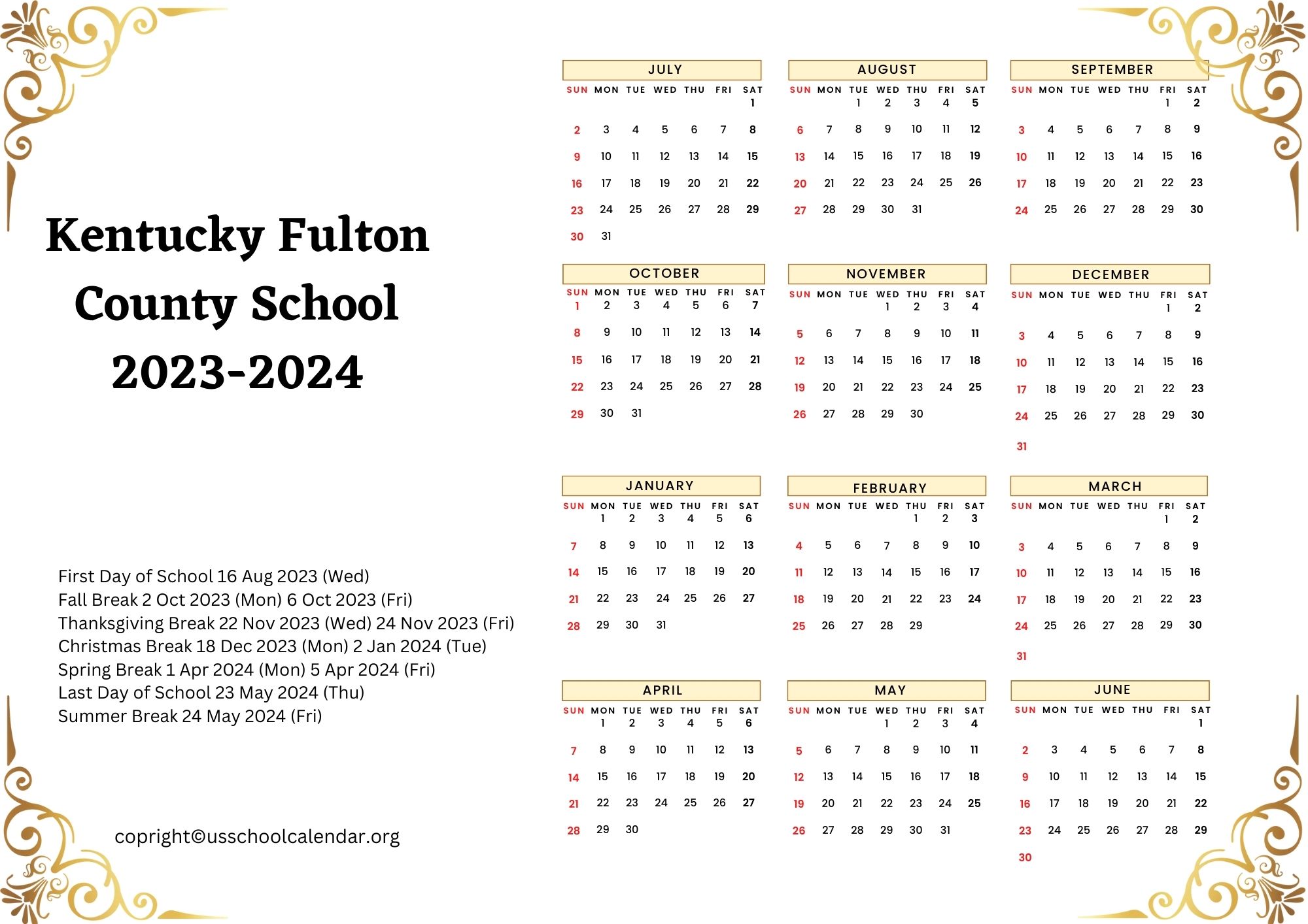 Kentucky Fulton County School Calendar With Holidays 2023 2024