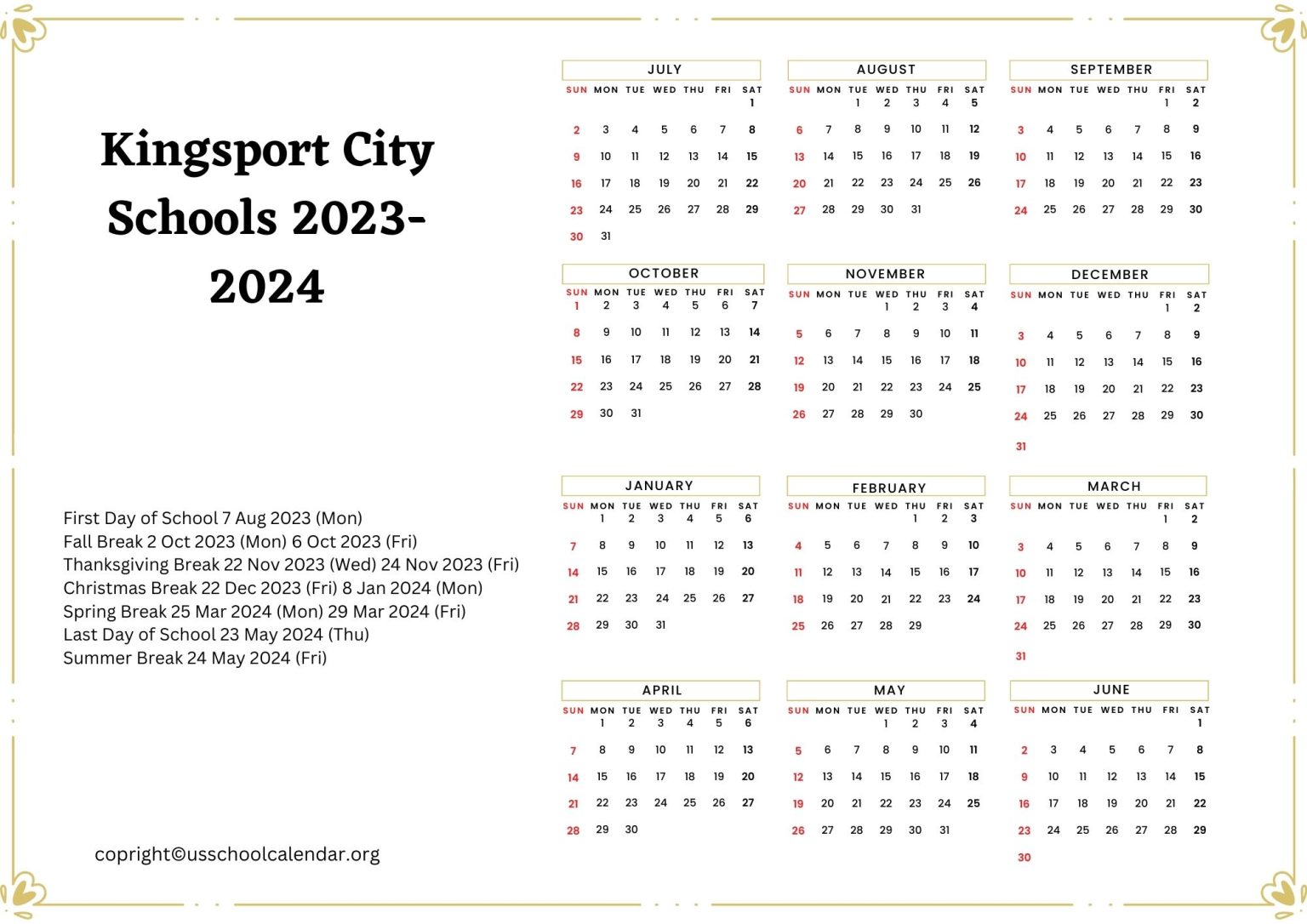 Kingsport City Schools Calendar with Holidays 20232024