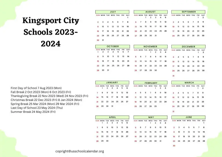 Kingsport City Schools Calendar with Holidays 20232024