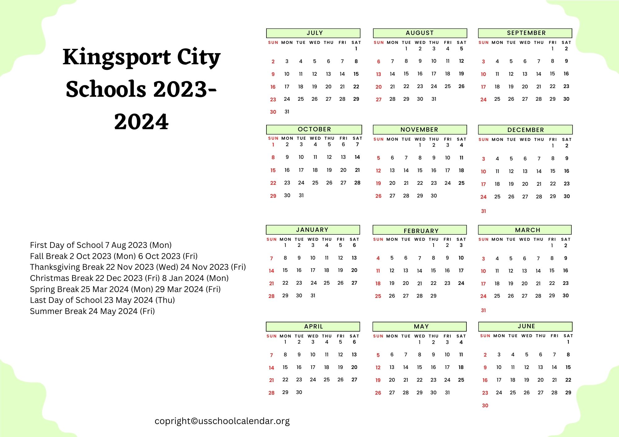 Kingsport City Schools Calendar with Holidays 20232024